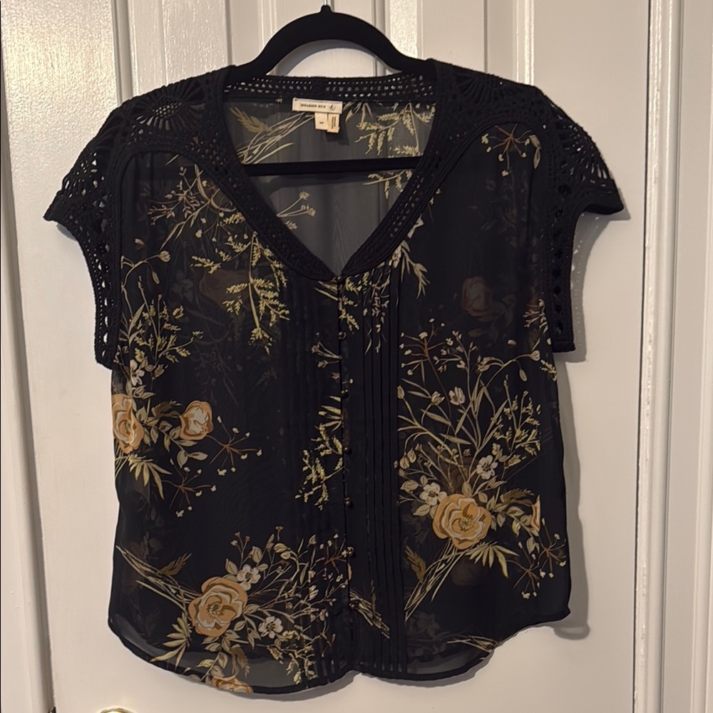 Lightweight Floral Lace-Trim Blouse - Black with Yellow Floral